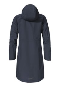 Wasserdichte dunkelmarine Jacke mit Kapuze, langenärmeln und Druckknopfmanschetten. Mittellang mit einer glatten, matten Oberfläche und Rückenschlitz.