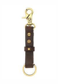 Portachiavi in pelle marrone con clip e anello in metallo dorato. Presenta due borchie dorate e una texture liscia, progettato per durevolezza e funzionalità.
