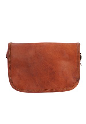 Brown leather clutch bag with a smooth texture, rounded corners, and contrasting stitching. Simple, modern design with a flap closure.