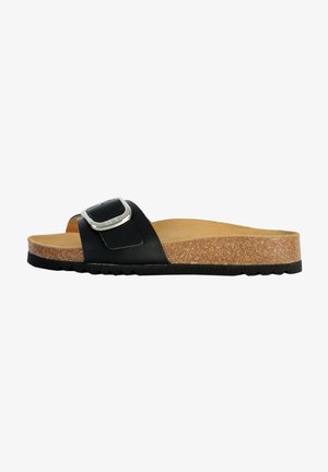 Black slide sandal with a wide strap featuring a silver buckle, a cork footbed, and a textured black outsole providing traction.
