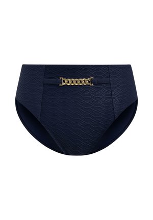 Braguita de bikini azul marino de talle alto con patrón texturizado de diamantes, que presenta un accesorio de cadena dorada en la parte delantera y laterales elásticos y lisos.