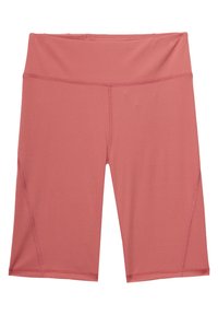 Pantalones cortos de talle alto, hasta la rodilla, en una suave y elástica tela rosa, con costuras planas y detalles en los paneles laterales. Adecuados para vestir de manera activa.