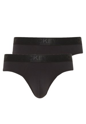 Schwarze Baumwollslips mit einer glatten Textur, ausgestattet mit einem breiten schwarzen Gummibund, der mit dem Markennamen "Jockey" in tonalem Schriftzug geprägt ist.
