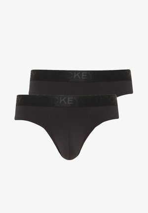 Czarne bawełniane slipy o gładkiej teksturze, z szerokim czarnym pasem w talii z wytłoczonym napisem marki "Jockey" w tonacyjnej czcionce.