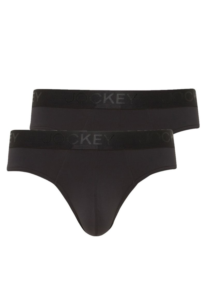 Zwarte katoenen slips met een gladde textuur, voorzien van een brede zwarte tailleband met het merkniveau "Jockey" in tonale letters.