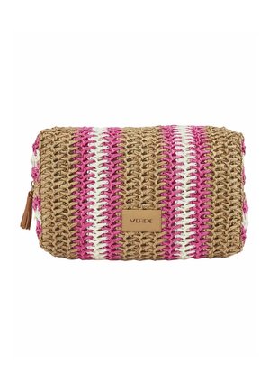 Rectangular woven pouch with pink, white, and natural fiber stripes and a brown leather zipper pull and label on the front.