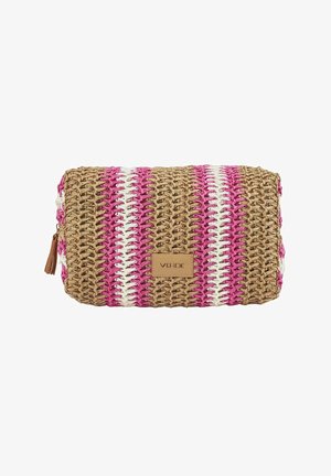 Rectangular woven pouch with pink, white, and natural fiber stripes and a brown leather zipper pull and label on the front.