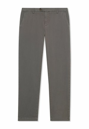 Grijze casual broek met rechte pijpen, knoopsluiting en zijzakken, plat neergelegd op een witte achtergrond.