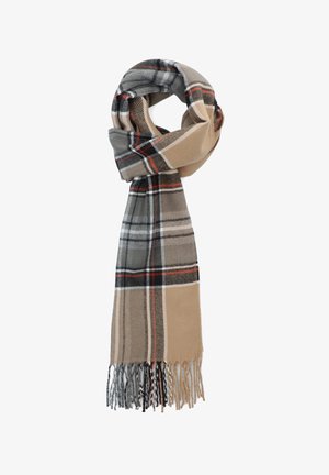 Szalik w kratę wykonany z miękkiego materiału w beżowym, szarym, czarnym i czerwonym kolorze. Posiada frędzle na końcach oraz klasyczny wzór w kratę.