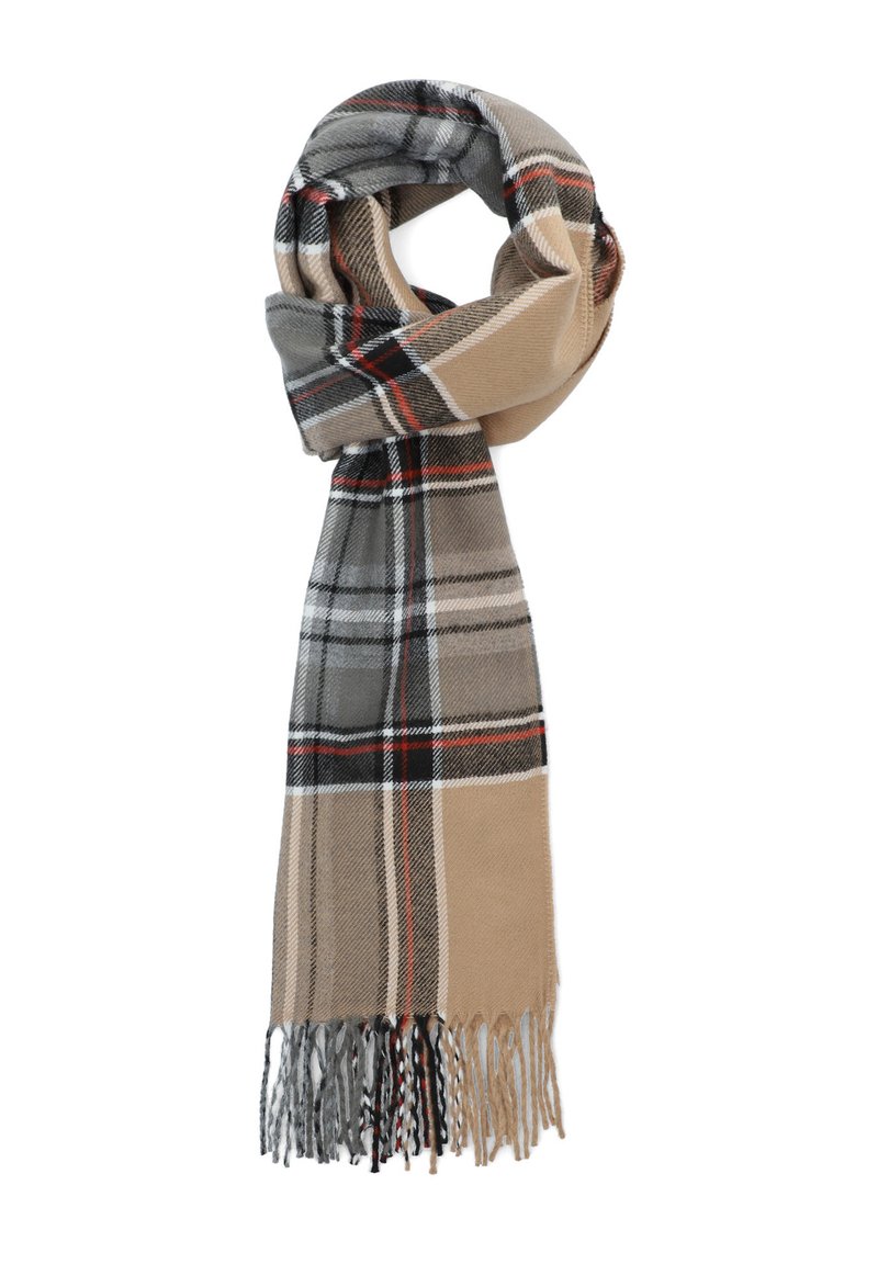 Szalik w kratę wykonany z miękkiego materiału w beżowym, szarym, czarnym i czerwonym kolorze. Posiada frędzle na końcach oraz klasyczny wzór w kratę.