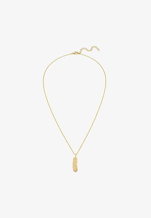 Kuldne kaelakee, millel on sulgkujuline ripats, millel on graveeritud detailid. Kaelakett sisaldab reguleeritavat kinnitust pikkuse muutmiseks.