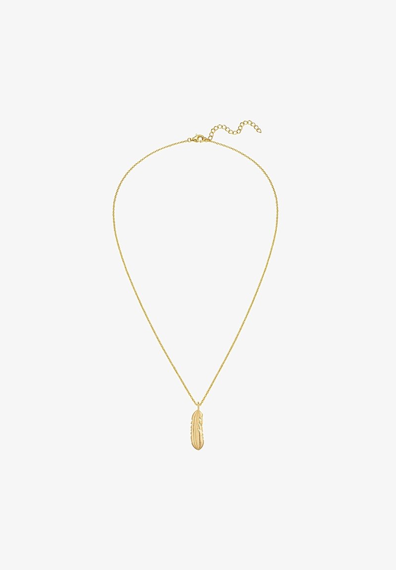 Zlata verižica z obeskom v obliki peresa, ki vsebuje gravirane detajle. Verižica je opremljena z nastavljivim zaponko za prilagoditev dolžine.