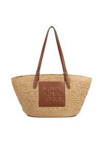 Sac fourre-tout en paille tissée avec poignées en cuir marron et patch en cuir texturé avec le logo "LANCASTER" embossé sur le devant.