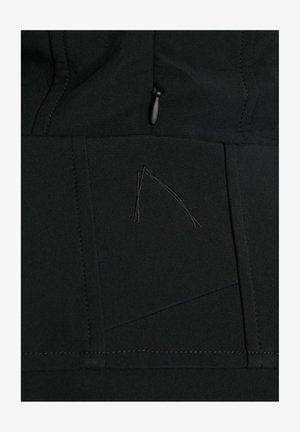 Black fabric of a jacket featuring sleek stitching, a subtle geometric design, and a zippered pocket with a black pull tab.