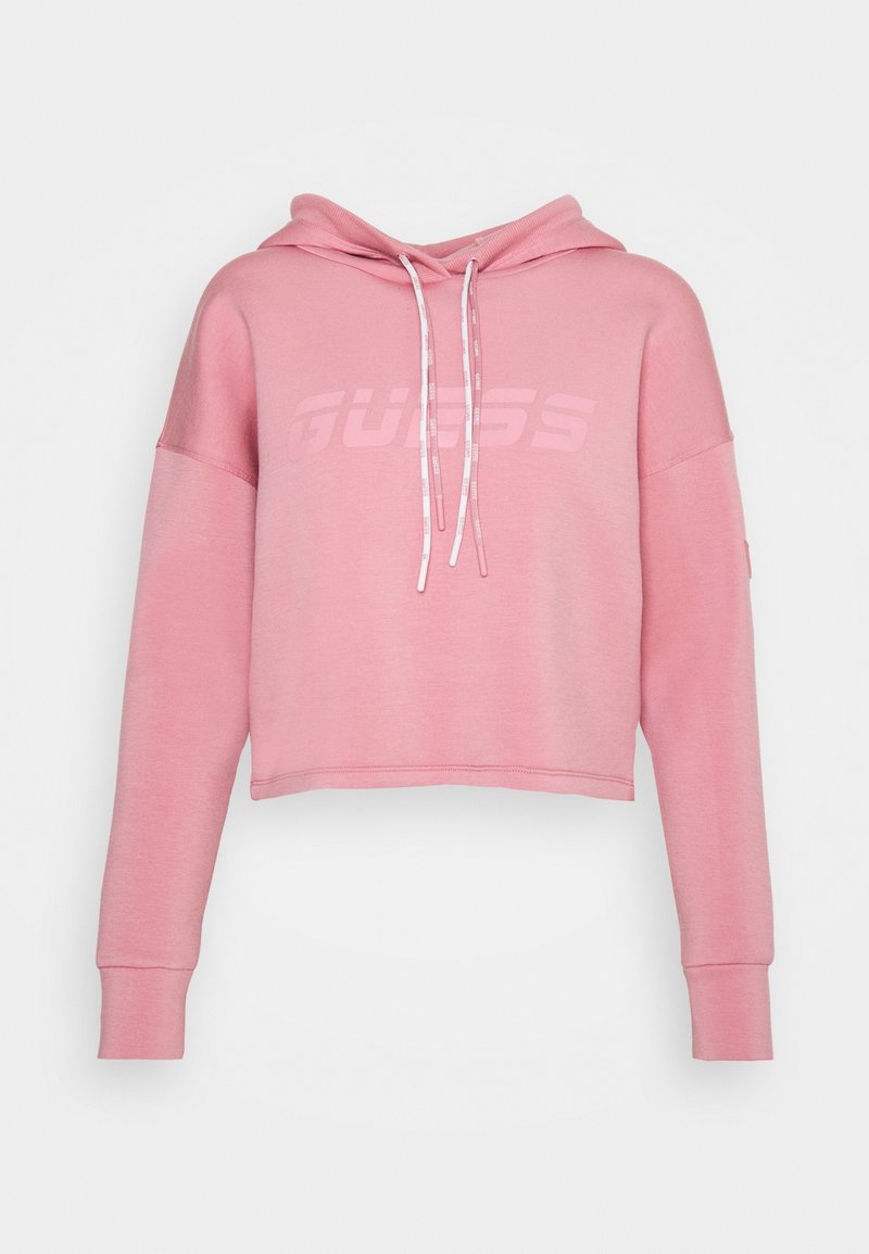 Sweat à capuche court rose avec manches longues, capuche à cordon et logo imprimé en léger sur la poitrine.