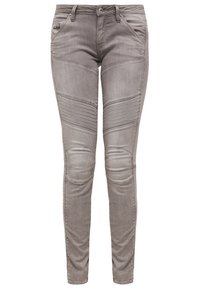 Pantalones de mezclilla gris de corte slim, con acolchado en las rodillas, detalles de costura y un bolsillo en el lado izquierdo delantero.