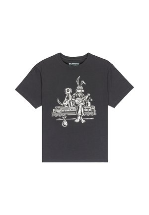 Dunkelgraues Baumwoll-T-Shirt mit einem weißen Grafikdesign eines Hundes und eines Cartoon-Hasen, die auf einer Bank Gitarre spielen. Kurze Ärmel, Rundhalsausschnitt.