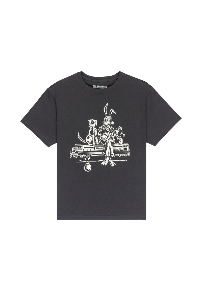 Dark gray cotton t-shirt featuring a white graphic design of a dog and a cartoon rabbit playing guitar on a bench. Short sleeves, crew neck.