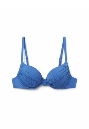 Haut de bikini bleu avec armature et tissu froncé. Comprend des bretelles minces et ajustables ainsi qu'un détail noué au centre. Texture lisse.