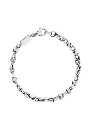 Srebrny metalowy bransoletka łańcuszkowa z wydłużonymi i owalnymi ogniwami, prostokątnym zapięciem i wypolerowanym wykończeniem.