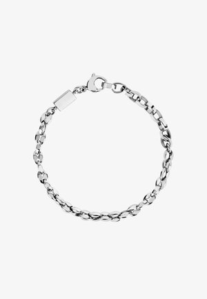 Zilveren metalen schakelarmband met langwerpige en ovale schakels, een rechthoekige sluiting en een gepolijste afwerking.