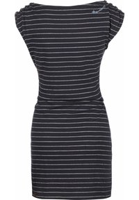 Striped dress in dark navy with white stripes, featuring cap sleeves and a fitted design. Soft, smooth fabric with gathered detailing at shoulders.