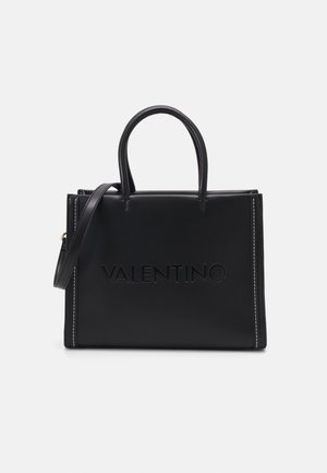 Black leather Valentino handbag with top handles, detachable shoulder strap, white stitching accents, and embossed brand name on front.