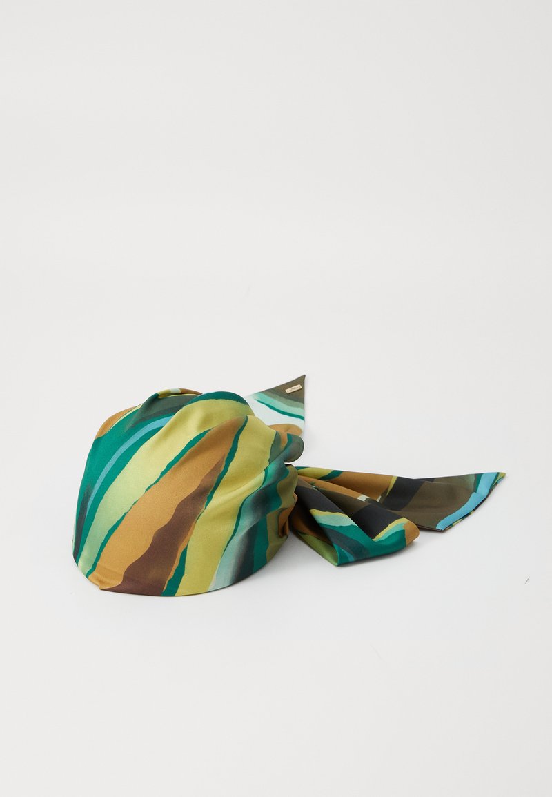 Silk scarf featuring vertical stripes in shades of green, brown, and turquoise. Soft texture with a smooth finish and pointed ends.