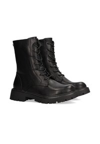 Botas de combate de cuero negro con cordones, puntera redonda, suela de goma resistente y detalles texturizados. Presentan costuras reforzadas y un caña alta.