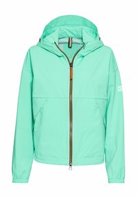Mintgroene lichtgewicht jas, voorzien van een capuchon, een voorrits met een tan leren trekker en elastische manchetten. Gladde, waterafstotende stof.