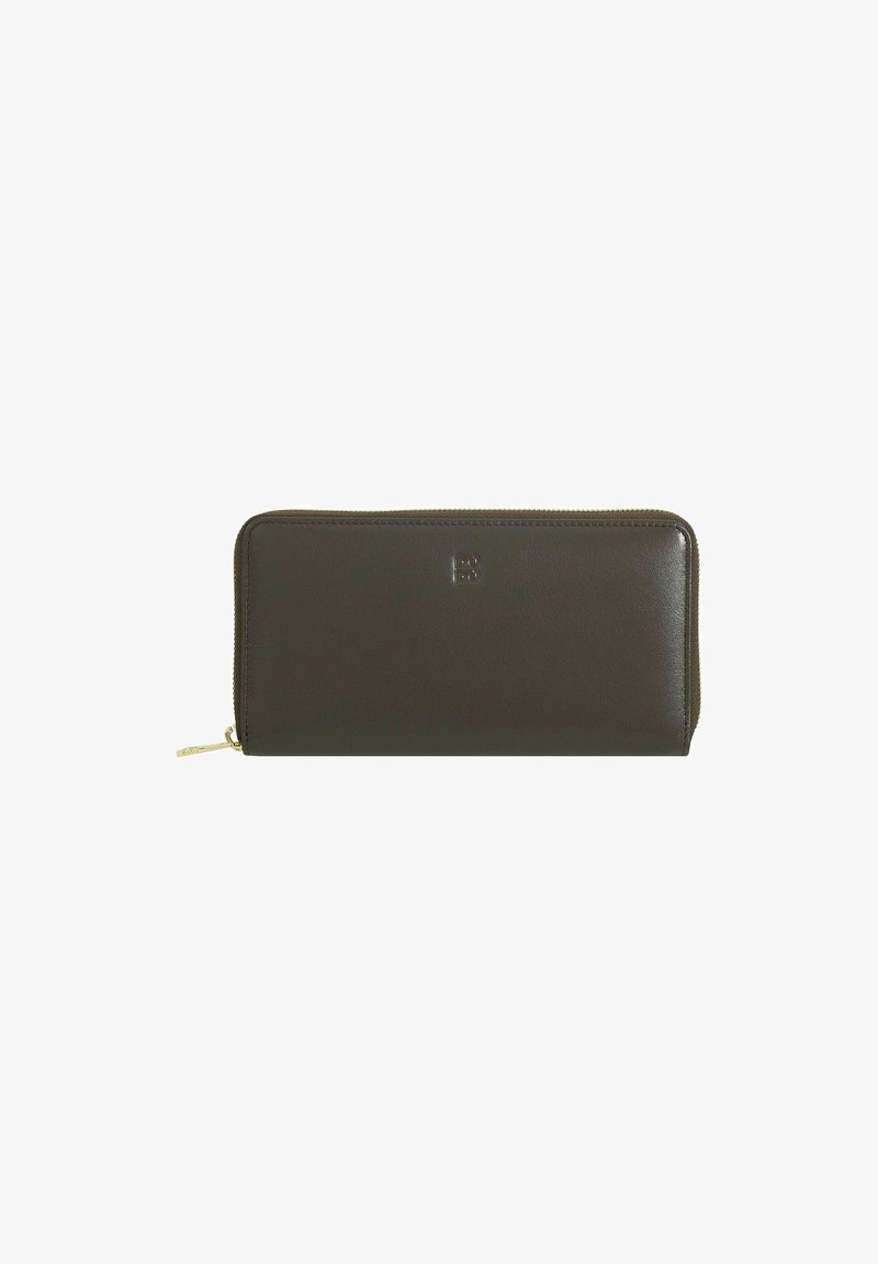 Brown leather wallet with a smooth texture. Features a gold zipper and embossed logo. Rectangular shape, designed for organization.