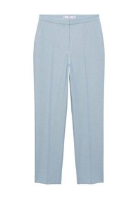 Lichtblauwe op maat gemaakte broeken met een voorvouw en zijzakken, ontworpen voor formele of zakelijke kleding.
