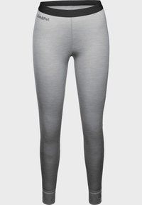 Grey athletic leggings made of stretchy fabric with a soft texture, featuring a black waistband and a logo detail on the hip.