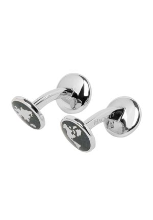 Polished silver cufflinks with an oval face featuring a world map design on a dark background and curved connecting arms.