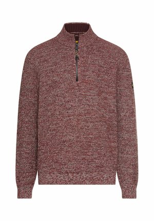 Sweter w kolorze burgundowym i białym, z prążkowanymi rękawami i kołnierzem na zamek od pół dołu, z prążkowanymi mankietami oraz małą naszywką z logo na rękawie.