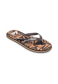 Single brown and black Quiksilver flip-flop with tropical leaf pattern and white logo on strap and sole, angled to the right on white background.