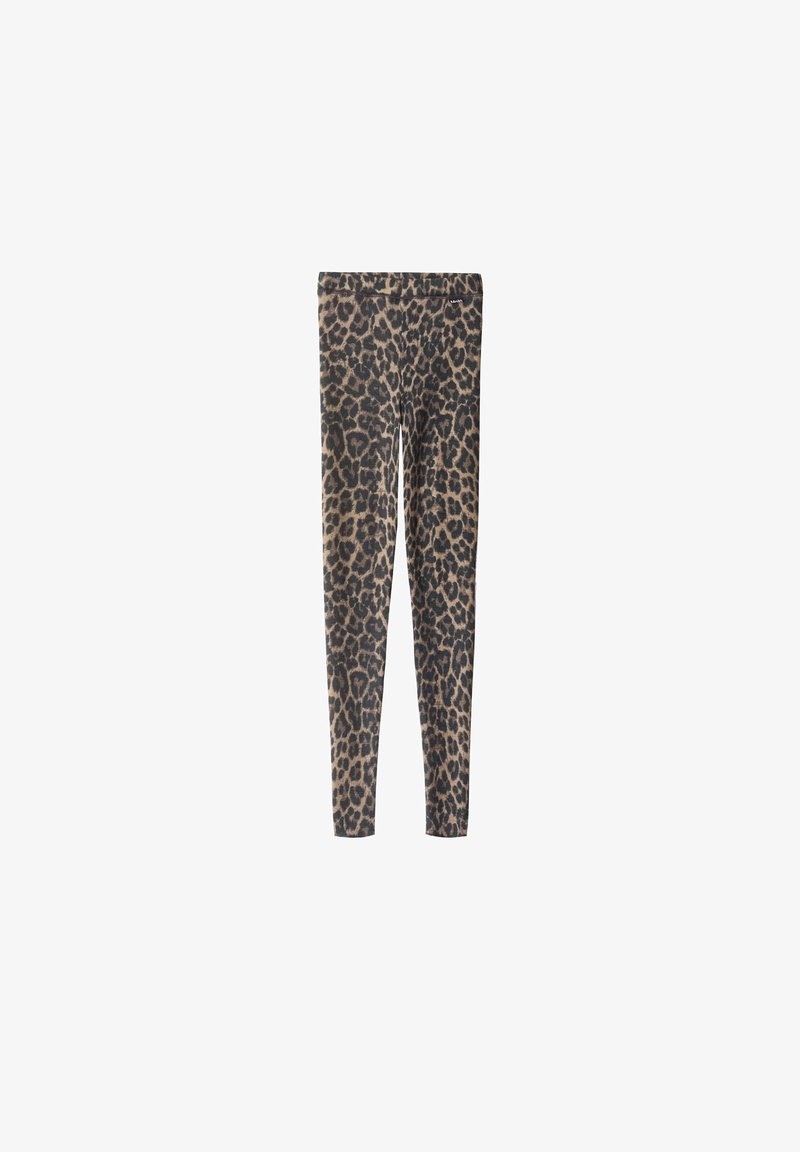 Leggings imprimés léopard pleine longueur avec taille élastique, présentés à plat sur fond blanc.