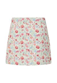 Jupe mini ligne A avec un fond blanc et un motif dense de fleurs rouges, roses, bleues et jaunes avec des feuilles vertes.
