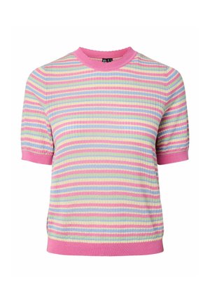 Īsroku trikotāžas džemperis ar horizontālām pastelis rozā, dzeltenām, zaļām un violetām svītrām, ar ribveida rozā apkakli, aprocēm un apakšu.