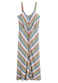 Robe midi rayée avec bretelles spaghetti, présentant des lignes verticales vertes, bleues, roses et blanches, fermetures à boutons sur le devant et un lien à la taille.