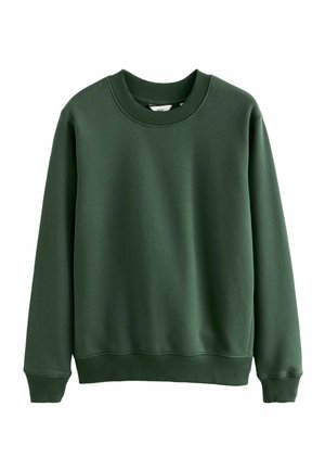 Grön crew-neck sweatshirt i mjukt tyg. Har ribbade mudd och fåll, med en slät yta och avslappnad passform. Inga synliga logotyper.