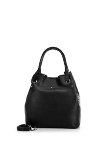 Schwarze Ledertasche mit strukturiertem Finish, doppelten Trägern und silberner Hardware; enthält einen abnehmbaren Schultergurt.