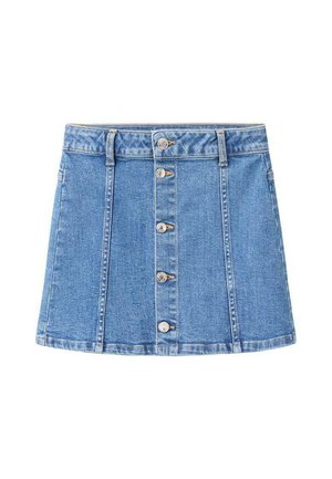 Lyseblå denimnederdel med vid udformning, der har lukning med fem knapper foran og syninger langs kanterne.