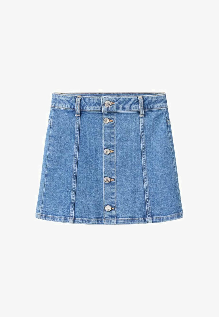 Rifľová sukňa svetlomodrej farby s rozšíreným strihom, so zapínaním na päť gombíkov vpredu a prešitými detailmi pozdĺž okrajov.