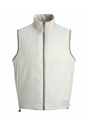 Gilet senza maniche beige chiaro con colletto alto, zip frontale, tasche laterali e coulisse regolabile all'orlo.