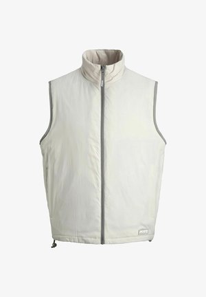 Gilet senza maniche beige chiaro con colletto alto, zip frontale, tasche laterali e coulisse regolabile all'orlo.