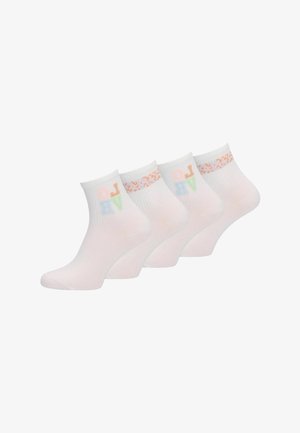 Vier Paar weiße Knöchelsocken mit einem pastellfarbenen "LOVE"-Design und einem pfirsichfarbenen Blumenmuster nahe der oberen Kante.