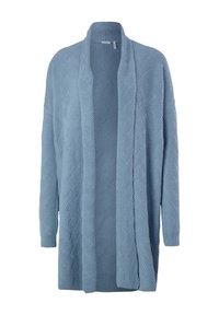 Cardigan azzurro chiaro a maniche lunghe realizzato in un tessuto testurizzato con un motivo ondulato e design aperto sul fronte. Senza chiusure o dettagli aggiuntivi.