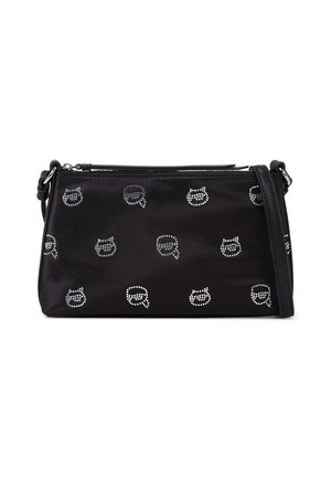 Sac à épaule noir avec motif visage de chat clouté argenté et bulles de dialogue, fermeture éclair sur le dessus et sangle réglable.