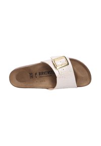 Sandale Birkenstock avec une sangle texturée rose clair et une boucle dorée, semelle brune, taille 37, fabriquée en Allemagne.